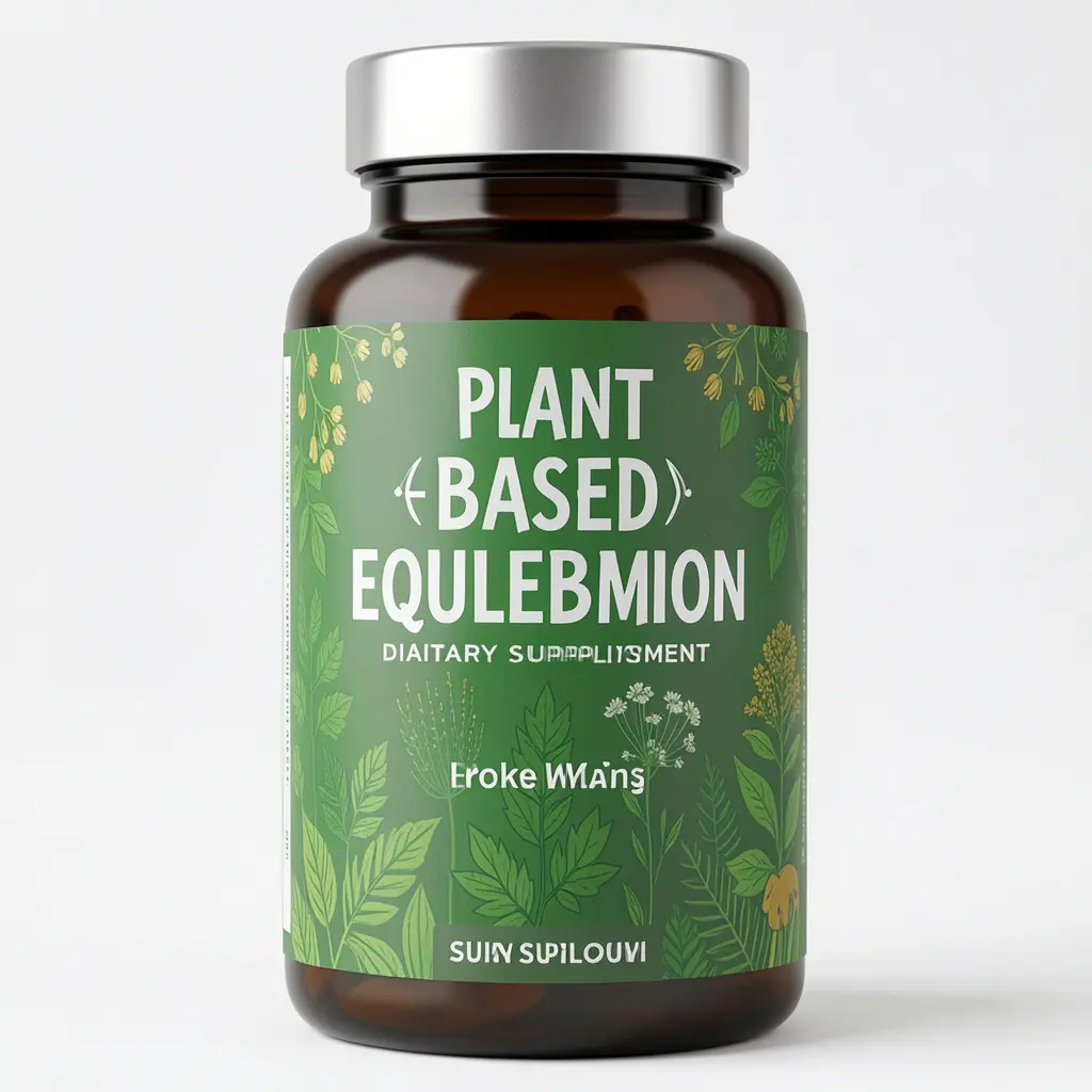 Plant-Based Equilibrium dietary supplement bottle with green botanical label